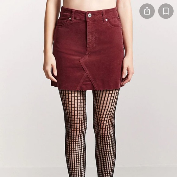 Burgundy Corduroy Mini-skirt with Raw Hem - Picture 2 of 5